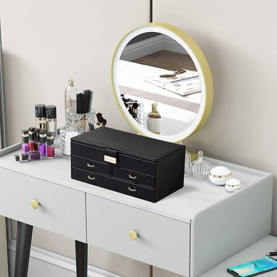 Sieradendoos, 27 x 16 x 12 cm, sieradendoos met 2 laden, sieradenorganizer met spiegel, PU-lederen sieradenopslag, voor ringen, armbanden, oorbellen, fluwelen voering