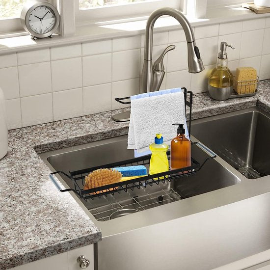 Spoelbakorganizer, telescopische keukengootsteen, caddy organizer met doekhouder, sponshouder voor keukenaanrecht, roestvrij staal, spoelbak, afdruiprek, wastafelorganizer voor keuken, gootsteen (42-54 cm)