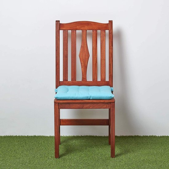 Set van 4 stoelkussens 40 x 40 cm, blauw / lichtblauw, zitkussen met banden en knoopsluiting, effen kussens voor stoelen met overtrek van 100% katoen en zachte polyester vulling