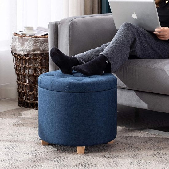 Opbergkruk, ronde zitting met deksel, zitkist, voetenbank opbergkist, linnen, 44 l, 45 x 45 x 41 cm, marineblauw