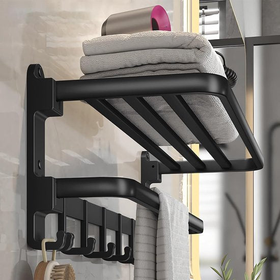 Towel Rail No Drilling Black Matt with Shelf, Towel Rack Wall for Bathroom, Bath Towel Holder Wall Mounting, Bath Towel Holder Shower Glass Wall, Bathroom Organiser, Towel Rack Hanging -60 cm