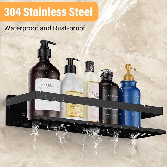 doucheplank zonder boren, 2 stuks roestvrijstalen douchemand met 4 haken, badkamerplank, roestvrije zwarte doucheplank voor badkamer en keuken. Laadvermogen ruim 15KG