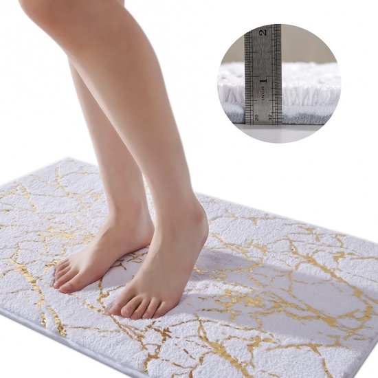 Badmat antislip wasbaar badmat, wit badkamertapijt, goud decoratief home tapijt luxe badkamer accessoires, zachte microvezel absorberend badmat voor badkamer badkuip, 60 x 90 cm