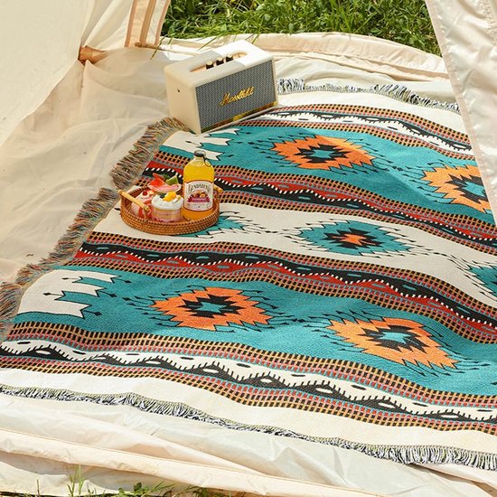 Boho Deken, bankdeken met kwast, Azteekse etnische stijl, omkeerbare deken, bankdeken, dagdeken, voor thuis, kantoor, reizen, tenten (bosgroen, 130 x 180 cm)