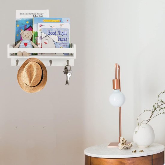 Houten wandrek voor organizer, keuken, kruidenrek, wandrek met 4 haken voor sleutelplank, opbergruimte, badkamer, boekenkast van hout voor slaapkamer, wanddecoratie, kantoor en huishouden. (wit)