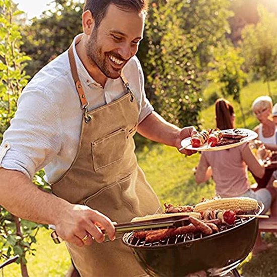 BBQ-schort voor mannen Verlengd canvas waterdicht werkschort, kruisrugontwerp, lasschort, kookschort schort voor mannen en vrouwen bruin