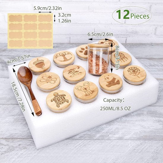 250 ml voorraadpotten, glazen voorraadpotten, set met deksel, 12 stuks, gegraveerde siliconen verzegelde glazen deksels, glazen container, borosilicaatglas met luchtdichte dichtheid opbergdoos, keuken, glas, kruidenpotjes