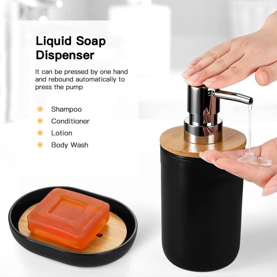 7-delige bamboe badkameraccessoires Badkameraccessoireset Luxe kunststof badkameraccessoireset Tandenborstelhouder Tumbler Toiletborstelset Qtip Houder Zeepbakje Prullenbak Zeepdispenser (zwart)