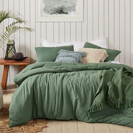 Beddengoedset, 135 x 200 cm, katoen, groen, donkergroen, eenkleurig, premium renforcé, eenpersoonsbed, dekbedovertrek en 1 kussensloop 80 x 80 cm, met ritssluiting