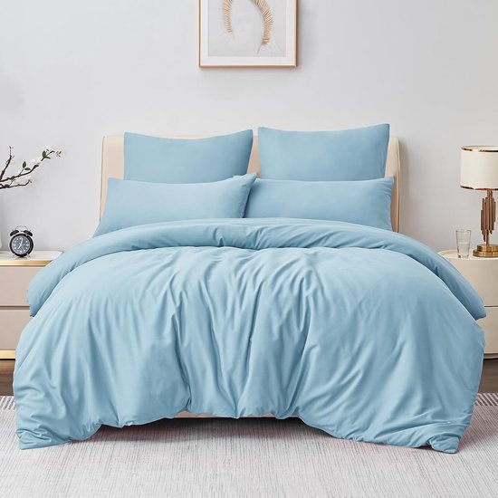 Beddengoed, 220 x 240 cm, 3-delig, lichtblauw, dekbedovertrek 220 x 240 cm, 3-delig, met kussensloop, beddengoedset microvezel met ritssluiting, zacht en strijkvrij