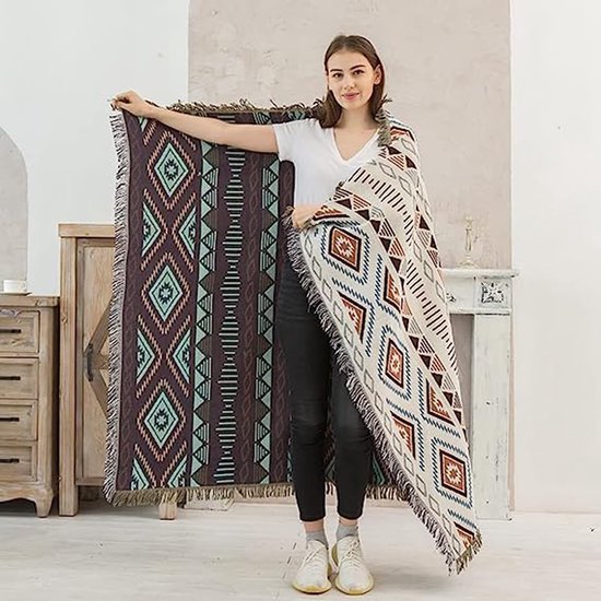 Deken, bankdeken met kwast, bankovertrek, gebreide knuffeldeken, bedworp, Azteekse etnische stijl, deken, voor thuis, kantoor, reizen, tenten (geometrisch patroon, 180 x 230 cm)