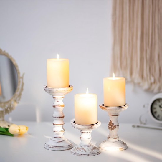 Kaarsenhouder stompkaarsen hout vintage - set van 3 kandelaars voor kaarsen landhuis rustieke landhuisstijl decoratie woonkamer tafeldecoratie herfst lente tafel bruiloft, 10/15/21 cm