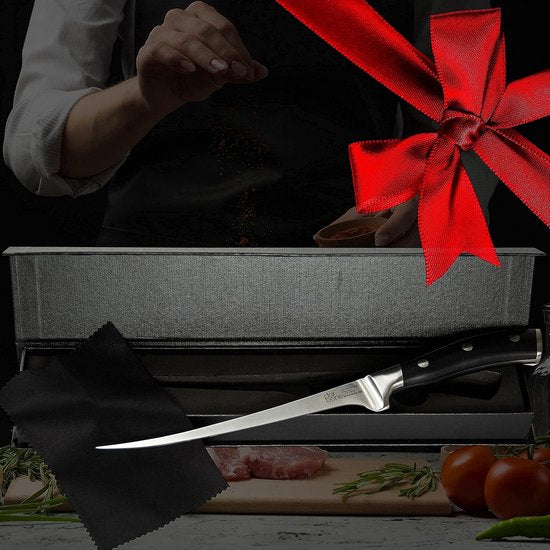 Filermes, 18 cm, professionele keukenmes van Engels roestvrij staal, bouw- en flexibel, extreem afschuifbaar, ergonomische ABS handgreep, navulbaar