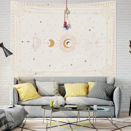 Maanfasen wandtapijt, mysterieuze sterrenhemel, tarotkaarten, wandtapijt, esthetische retro astrologie, muurkunst voor slaapkamer en woonkamer, beige, 210 x 150 cm