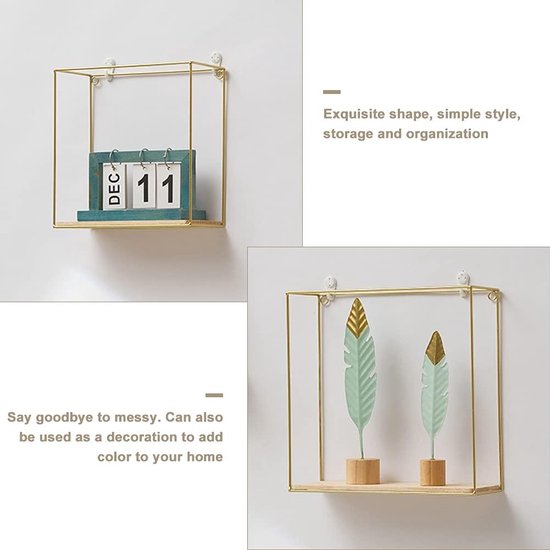 Set van 3 metalen wandplanken, Europees geometrisch lijndesign, wandrek met houten planken, industrieel design, zwart/goud, zwevend rek voor slaapkamer, woonkamer, hal (goud)
