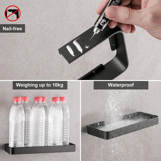 Douchemand zonder boren doucheplank zelfklevende douchebak met roestvrij organizer opslag geen schade gehard glas ruimte aluminium badkameraccessoires 25 cm zwart