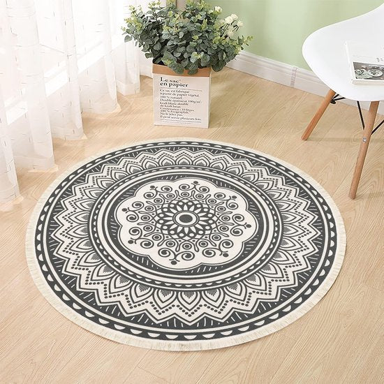120 cm rond tapijt, katoenen tapijt met kwastjes, wasbaar mandala-bedrukt tapijt, Boheems Marokko, modern tapijt voor slaapkamer, woonkamer, keuken