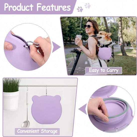 Siliconen waterbak, voedingsbak, 2-in-1 opvouwbare siliconen hondenbak, langzame voeding, hondenbak, lekvrije reisbak met karabijnhaak voor honden en katten, paars