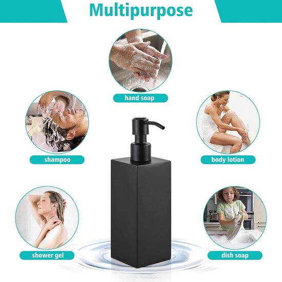Zeepdispenser, zwart, roestvrij staal, afwasmiddeldispenser, 350 ml, navulbaar, gemakkelijk in te drukken, pompfles, vrijstaand, vloeibare zeepdispenser, lotionfles voor keuken en badkamer, 6 x