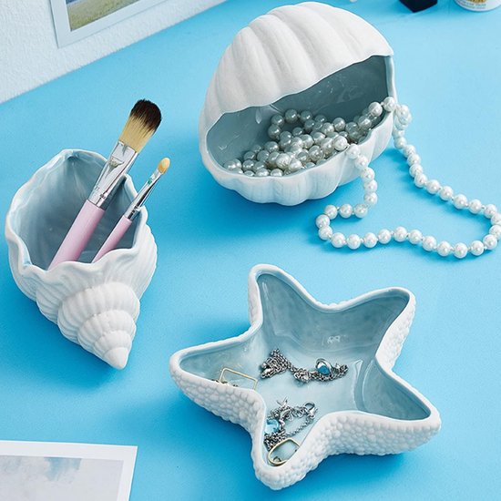 Zee Shell schelp sierschaal decoratieve schaal sieraden decoratief dienblad keramiek sleutel opbergschaal dinerbord porselein desserttelle sleutelschaal hal sleutelrek (19,5 x 12 x 9 cm)