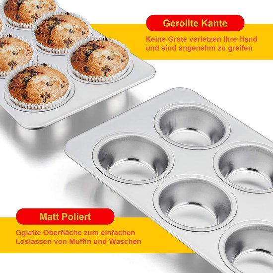 Muffinvorm, roestvrij staal, set van 6 muffins, bakplaten, bakvormen voor 6 muffins, cupcakes, pudding brownies, 29 × 18 cm, niet giftig en gezond, vaatwasmachinebestendig