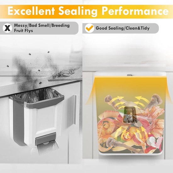 Vuilnisbak met deksel, 9 liter, keuken, kleine hangende afvalbak, wandmontage, plastic, compostemmer, geurdicht, afvalbak, deur om op te hangen, voor camper, keukenkast (wit)