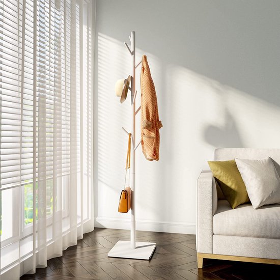 Kapstok van hout, vrijstaand kledingrek met 8 haken, vierkante basis, voor kleding, hoeden, tassen, entree, woonkamer, hal, wit