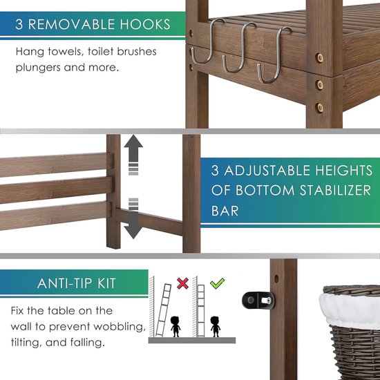 Toiletrek, bamboe wc-rek, verstelbaar wasmachinerek, badkamerrek met 3 legplanken, ruimtebesparend, eenvoudig te monteren, walnoot