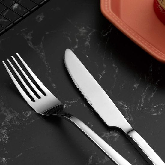 Bestekset, bestek van roestvrij staal, 48-delig zilveren bestekset inclusief messen, vorken, lepels, thee-/koffielepels, bestek voor 12 personen, hoogglans gepolijst, vaatwasmachinebestendig