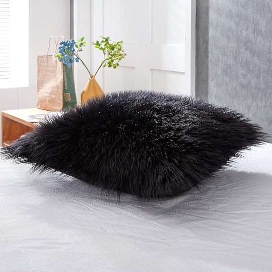 Schapenvacht Kussen - Imitatiebont Lamsvacht, Schapenvel Imitatievacht - Kunstbont Slaapkamer Woonkamer - Wasbaar Bont, Decoratiebont - Zwart - 43 x 43 cm Kussen