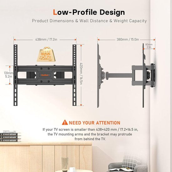 TV-muurbeugel voor 23-60 inch LED CD flat- en gebogen (gebogen) televisie, draaibaar, kantelbaar, uitschuifbare en intrekbare tv-wandhouder, houdt tot 45 kg, max. VESA 400 x 400 mm