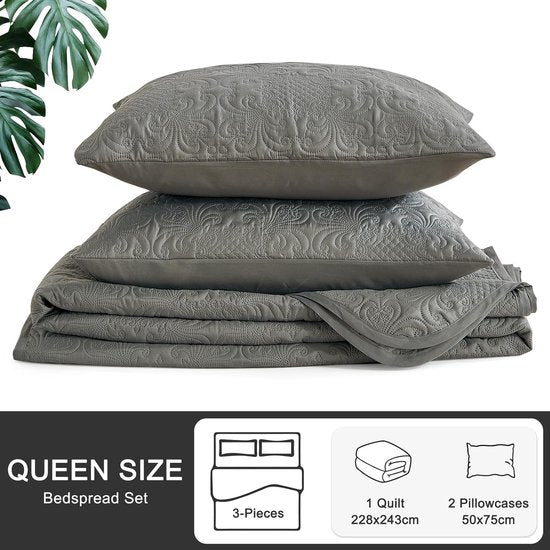 Sprei, 220 x 240 cm, grijs, ultrazachte sprei, bedsprei, bedsprei van microvezel, doorgestikt met 2 kussenslopen, bankdeken, woondeken voor bed