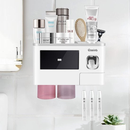 Ruimtebesparende badkamerwandtandpastadispenser en tandenborstelhouder met 2 magnetische kopjes, 6 tandenborstelgleuven en 1 cosmetische organizerlade in grijs