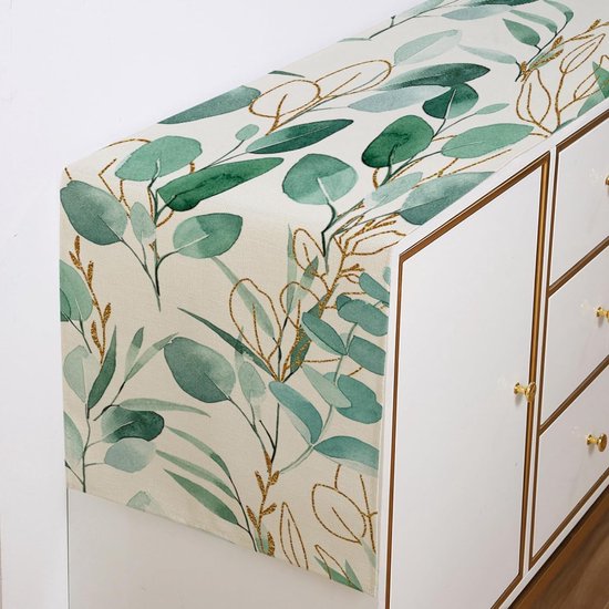 Groen goud eucalyptus lente tafelloper 40 x 140 cm, outdoor tafelloper, weerbestendig, zomer tafel runner afwasbaar natuur landhuisstijl decoratie tafel loper buiten feest