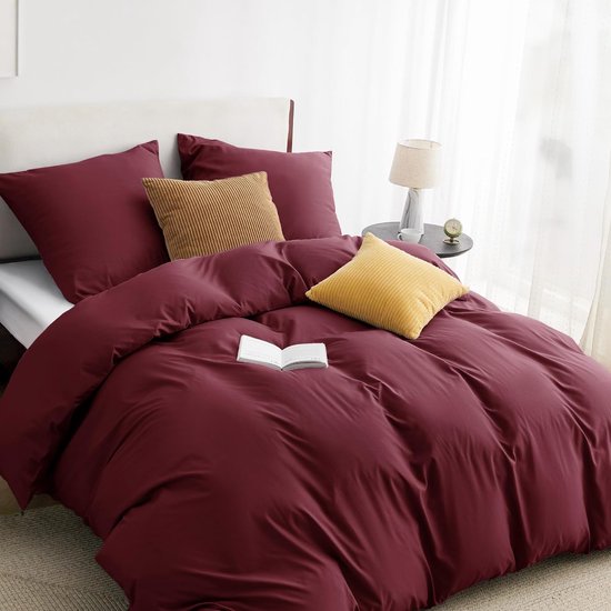 Beddengoed, 135 x 200 wijnrood dekbedovertrek - beddengoedsets 135 x 200 cm met 80 x 80 cm kussensloop, beddengoedset microvezel voor eenpersoonsbed met ritssluiting