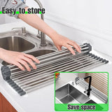 Oprolbaar afdruiprek, afdruiprek, gootsteenrek voor de keuken, opvouwbaar spoelbakrek, roestvrij staal servies, droogstandaard voor de keukenspoelbak