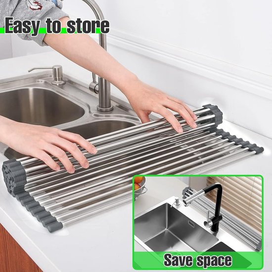 Oprolbaar afdruiprek, afdruiprek, gootsteenrek voor de keuken, opvouwbaar spoelbakrek, roestvrij staal servies, droogstandaard voor de keukenspoelbak