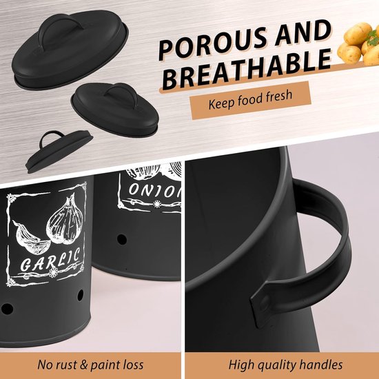 3-pack aardappelbewaardoos, veelzijdige aardappelpottenset met ventilatiesysteem houdt groenten langer vers, ideaal voor uienopslag en aardappelopslag (zwart)