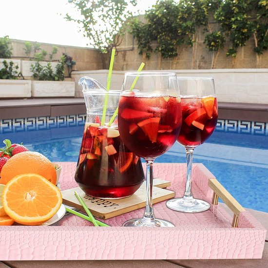 Dienblad van PU-leer, modern, elegant, rechthoekig, decoratief dienblad met metalen handvat, grote capaciteit, lederen serveerplaat voor eten, dranken, sieraden, sleutels, woonkamer, keuken, ijdelheid (krokodil, roze)