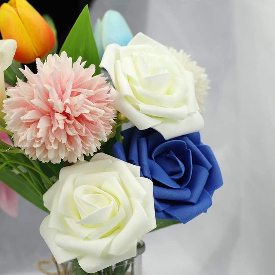 Artificial flowers, roses, 25 pieces of fake roses with stems, do-it-yourself, wedding, bouquets, bride, home decoration, ivory & blue.