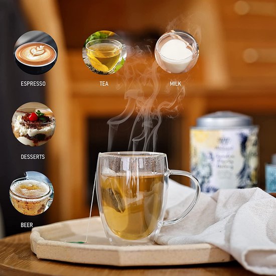 Dubbelwandige cappuccino-glazen met 6 lepels en handvat, set van 6, 350 ml, dubbelwandige latte macchiato-glazen, groot, koffiekopjes, glas, cappuccinoglazen voor koffie, espresso, latte, thee, melk, bier, ijs