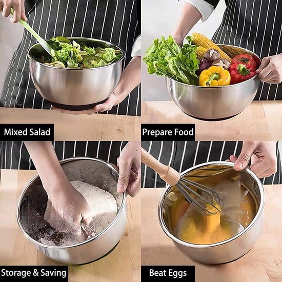 Mixing Bowls with Airtight Lids, 6 Piece Stainless Steel Metal Bowl Chef, Measuring Marks Quality Size 7, 3.5, 2.5, 2.0, 1.5, 1QT, Ideal for Mixing and Serving