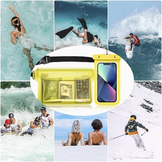 Waterdichte tas heuptas beschermhoes met waterdichte mobiele telefoonhoes, universele strandtas met mobiele telefoonzak, waterdicht voor watersport, strand, zwemmen, varen (geel)