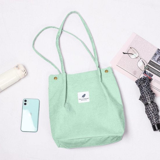 Women's Corduroy Shoulder Bag, Large Corduroy Bag, Casual Tote Handbag, Fashion Fabric Bag for Everyday, Office, School Trip and Shopping, Mint green, Modern