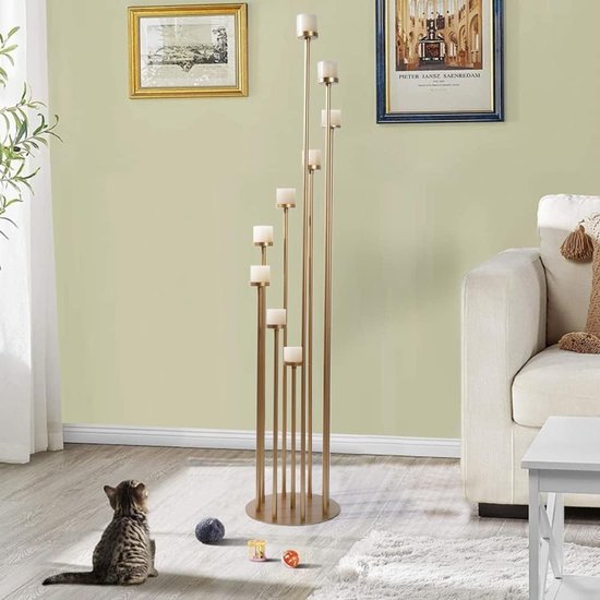 Golden Candle Holder, Pillar Candle, Gold Metal, 9 Arming, Candle Holder Pillar Candle Holder for Wedding, Dining Table, Centrepiece, Decoration, Living Room, Christmas Decoration, 117.5 cm