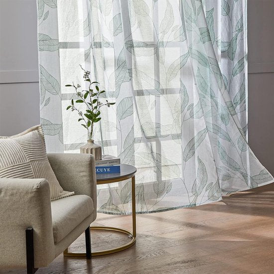 Stores Transparent Curtains with Eyelets Curtains Leaves Curtain Scarf Short Window Curtains Door Curtain Window Curtains for Small Windows Green on White Curtain 160 cm High 140 cm Wide Set