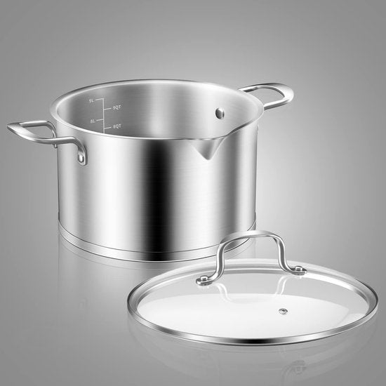 Pan 28 cm kookpan 9 liter van roestvrij staal 9 l kookpan groot met glazen deksel stoomgat binnenschaal schenktuit ongecoat ovenvast vaatwasmachinebestendig groente- soeppan inductie