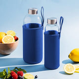 Glazen fles 1 l met neopreen hoes, drinkfles van glas in 500 ml en 1000 ml, met beschermhoes en roestvrijstalen deksel, waterfles voor sport, kantoor, school en outdoor, blauw