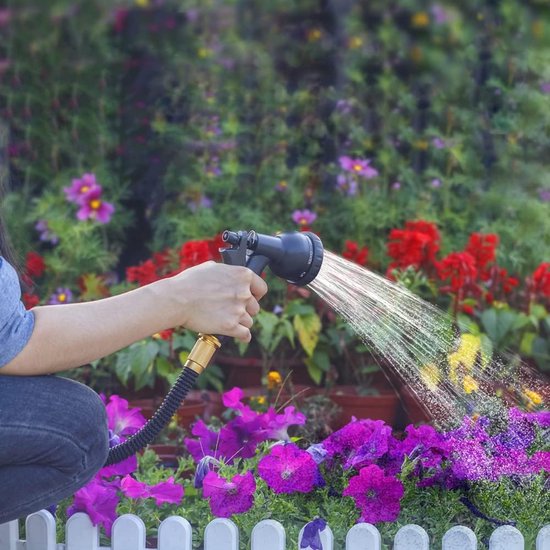 Uitbreidbare tuinwaterslang 7,5 m met 8 modi waterspuitpistool, flexibel en duurzaam voor autowassen, terras en huisdier. Inclusief opbergtas