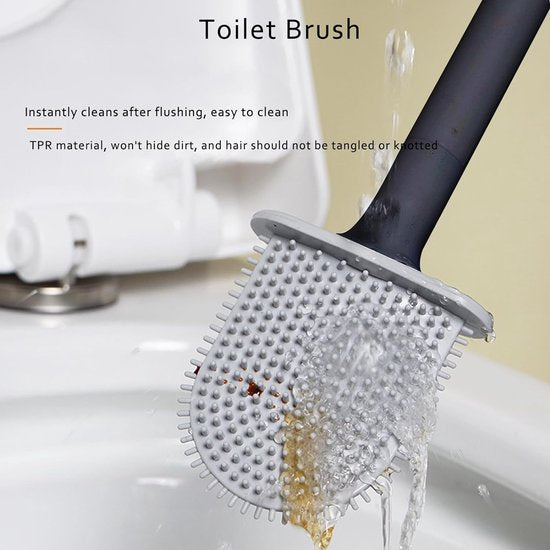 Toiletborstel met houder wandmontage zonder boren, siliconen toiletborstel met houder, toiletborstel siliconen borstelharen, toiletborstel siliconen voor badkamer - zwart.